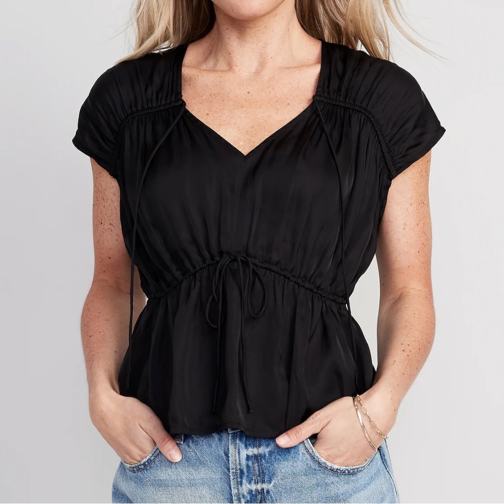 Waist-Defined Satin Shirred Tie-Front Blouse